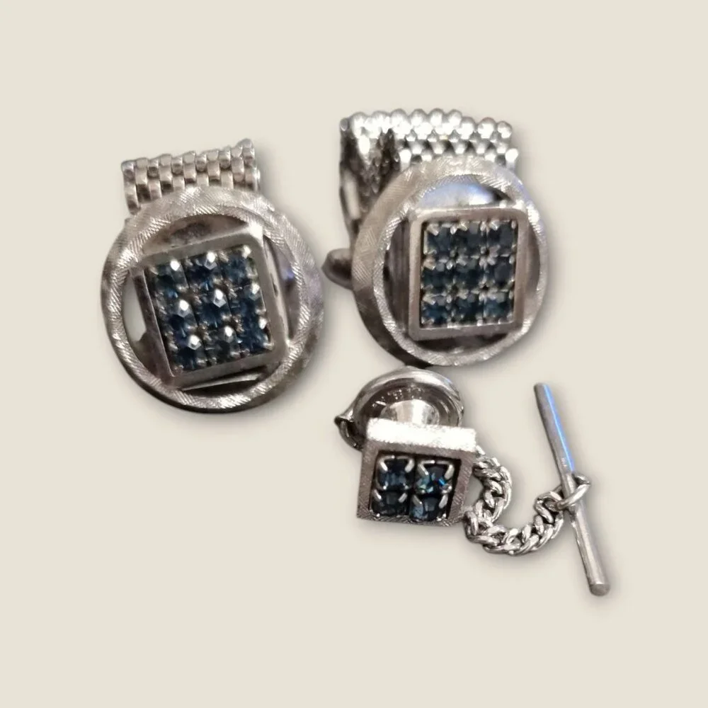 Vintage Silver Cuff Links & Tie Tack Set With Blue Rhinestones